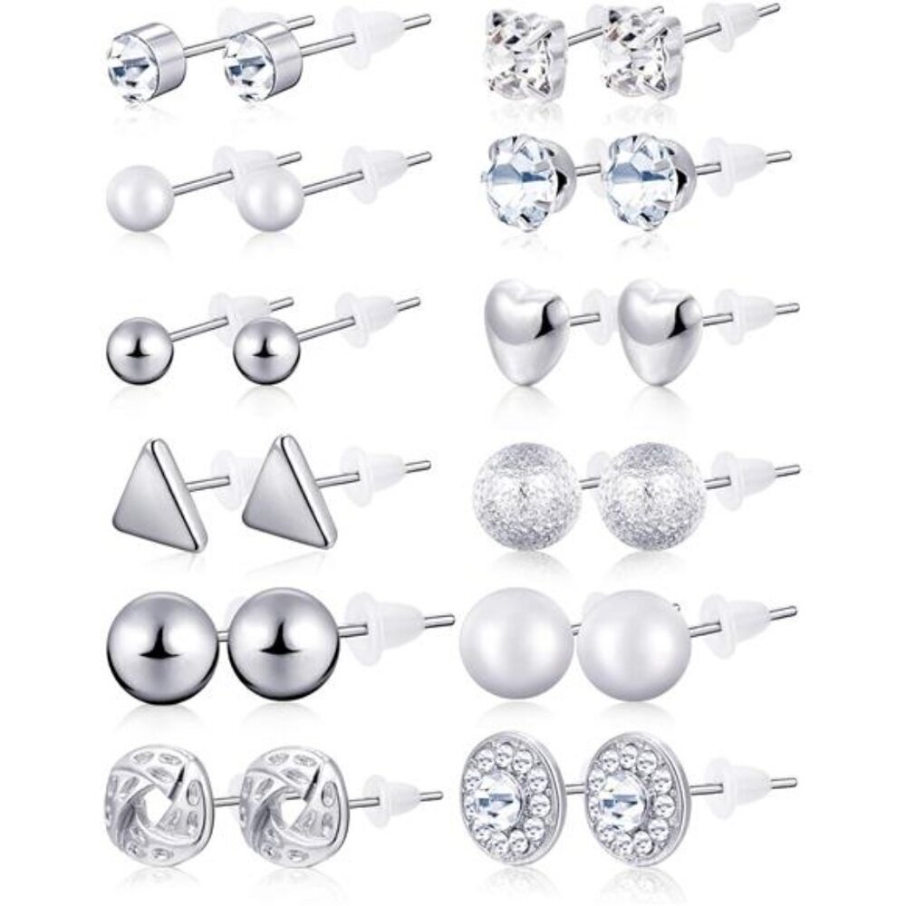 24 Pairs Stud Earrings Crystal Pearl Earring Set Ear Stud Silver Studs